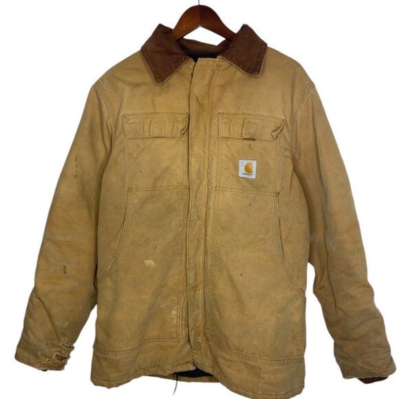 Vintage Tan Carhartt Arctic Jacket Full Zip Removable Hood Quilt Lining Medium - Picture 1 of 7